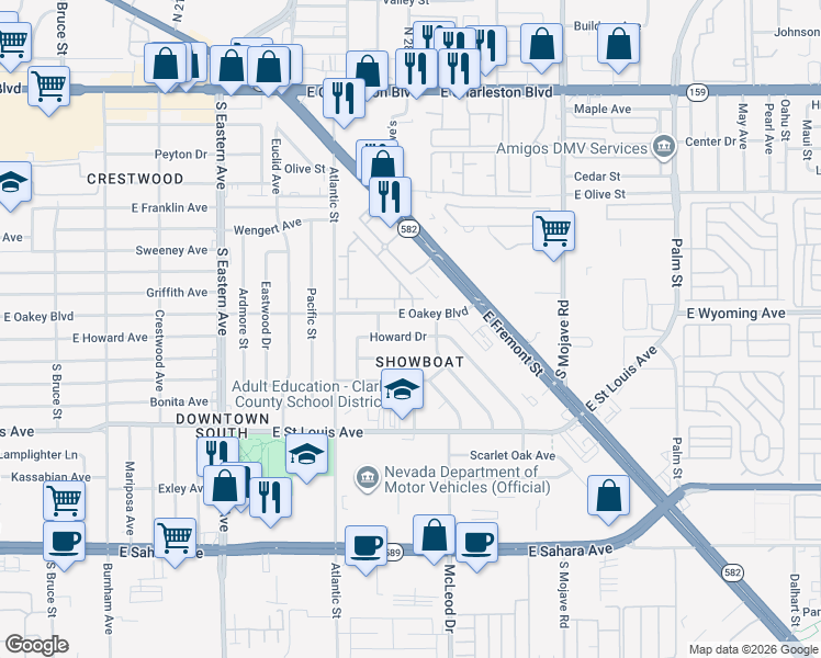map of restaurants, bars, coffee shops, grocery stores, and more near 2421 Howard Drive in Las Vegas