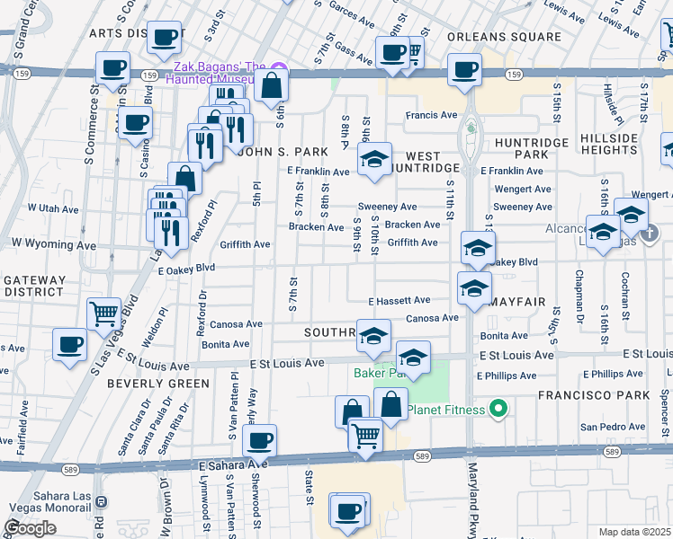 map of restaurants, bars, coffee shops, grocery stores, and more near 1701 South 8th Place in Las Vegas