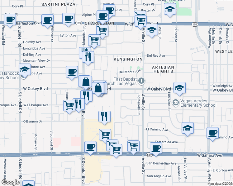 map of restaurants, bars, coffee shops, grocery stores, and more near 4520 Hillcrest Avenue in Las Vegas