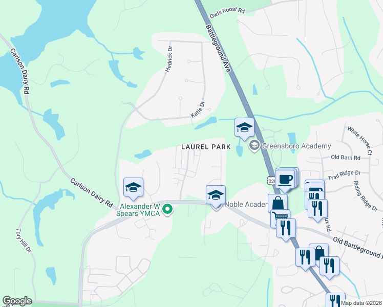 map of restaurants, bars, coffee shops, grocery stores, and more near 4703 Merlot Way in Greensboro