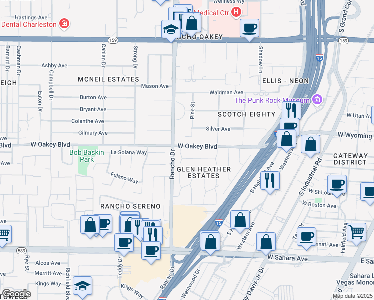 map of restaurants, bars, coffee shops, grocery stores, and more near 2213 West Oakey Boulevard in Las Vegas