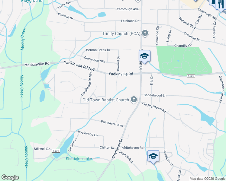 map of restaurants, bars, coffee shops, grocery stores, and more near 4458 Inwood Drive in Winston-Salem