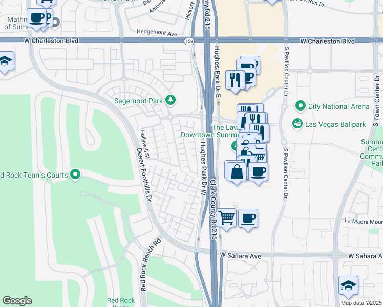 map of restaurants, bars, coffee shops, grocery stores, and more near Ojai Court in Summerlin South