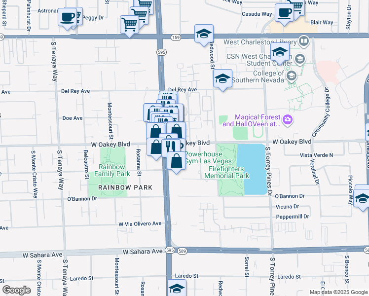 map of restaurants, bars, coffee shops, grocery stores, and more near 6825 West Oakey Boulevard in Las Vegas