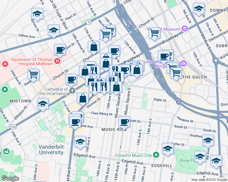 map of restaurants, bars, coffee shops, grocery stores, and more near 1800 Division Street in Nashville