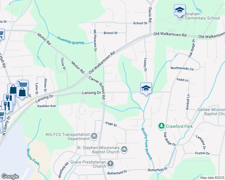 map of restaurants, bars, coffee shops, grocery stores, and more near 5023 Lansing Drive in Winston-Salem
