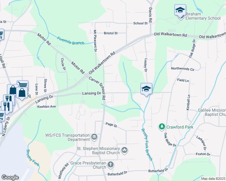 map of restaurants, bars, coffee shops, grocery stores, and more near 5023 Lansing Drive in Winston-Salem