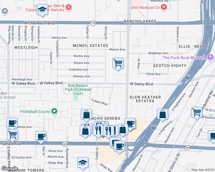 map of restaurants, bars, coffee shops, grocery stores, and more near 2508 La Solana Way in Las Vegas