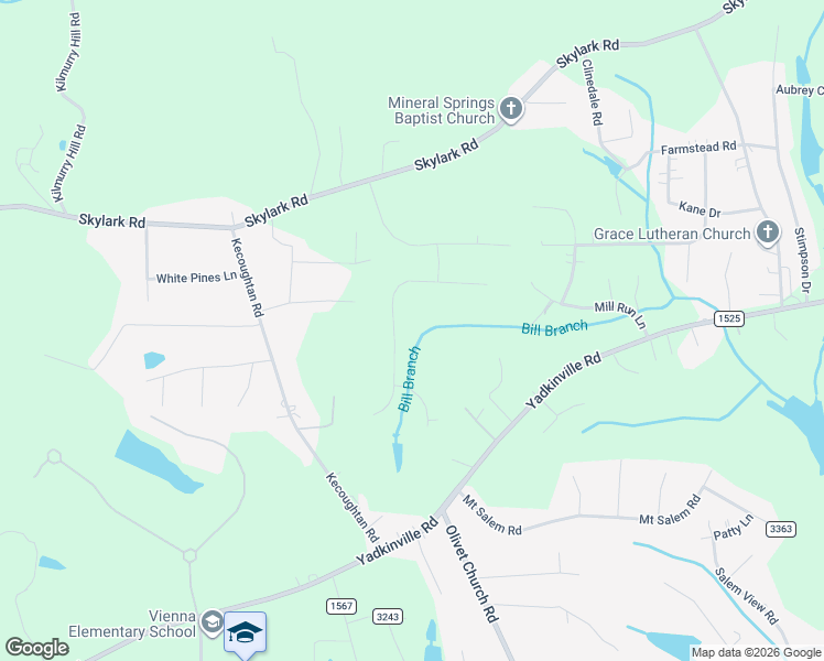 map of restaurants, bars, coffee shops, grocery stores, and more near 2891 Millwheel Road in Pfafftown