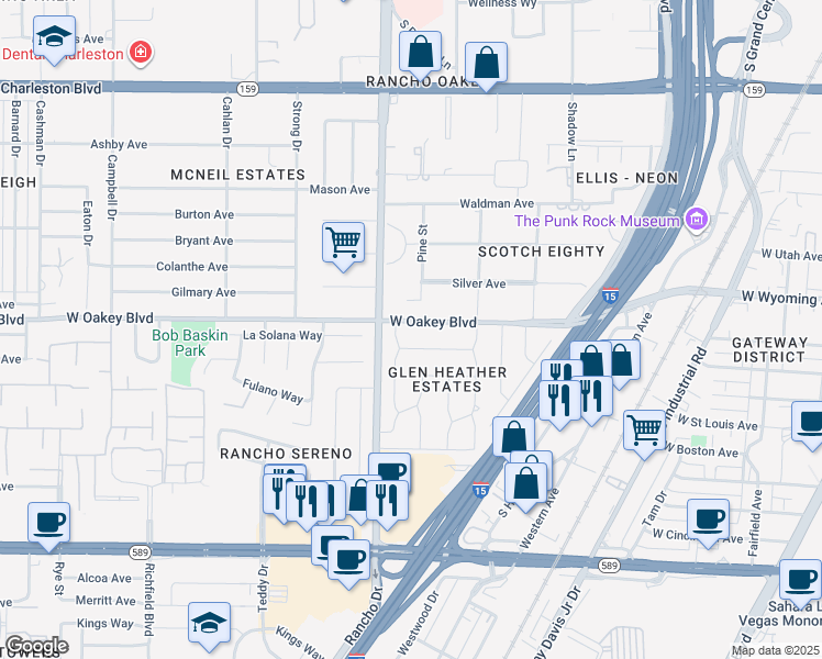 map of restaurants, bars, coffee shops, grocery stores, and more near 2213 West Oakey Boulevard in Las Vegas
