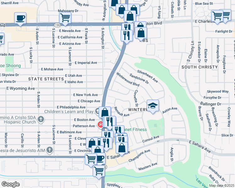 map of restaurants, bars, coffee shops, grocery stores, and more near 5075 Wyoming Avenue in Las Vegas