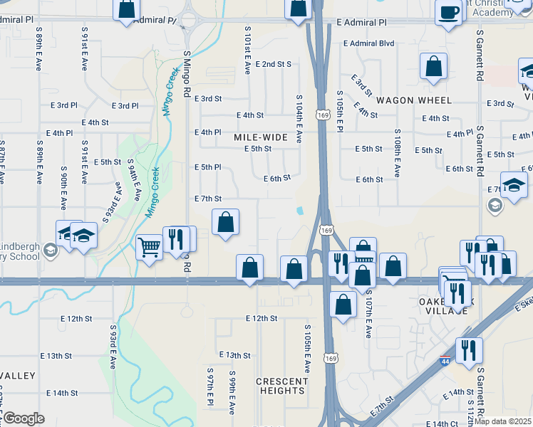 map of restaurants, bars, coffee shops, grocery stores, and more near 717 South 101st East Avenue in Tulsa