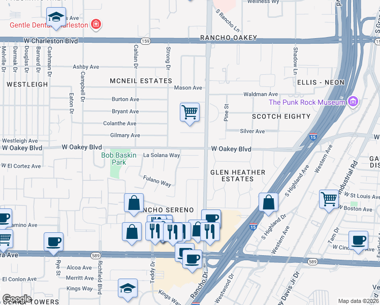map of restaurants, bars, coffee shops, grocery stores, and more near 2400 La Solana Way in Las Vegas