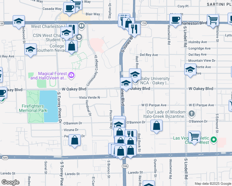 map of restaurants, bars, coffee shops, grocery stores, and more near 6153 West Oakey Boulevard in Las Vegas