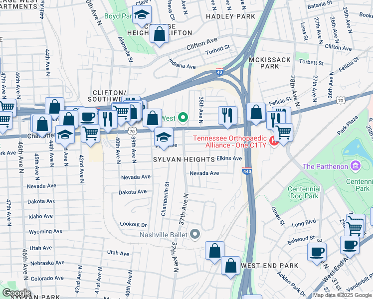 map of restaurants, bars, coffee shops, grocery stores, and more near 3517 Park Avenue in Nashville