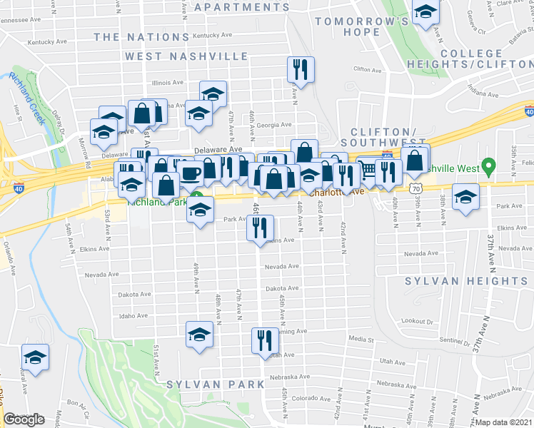 map of restaurants, bars, coffee shops, grocery stores, and more near 4414 Park Avenue in Nashville