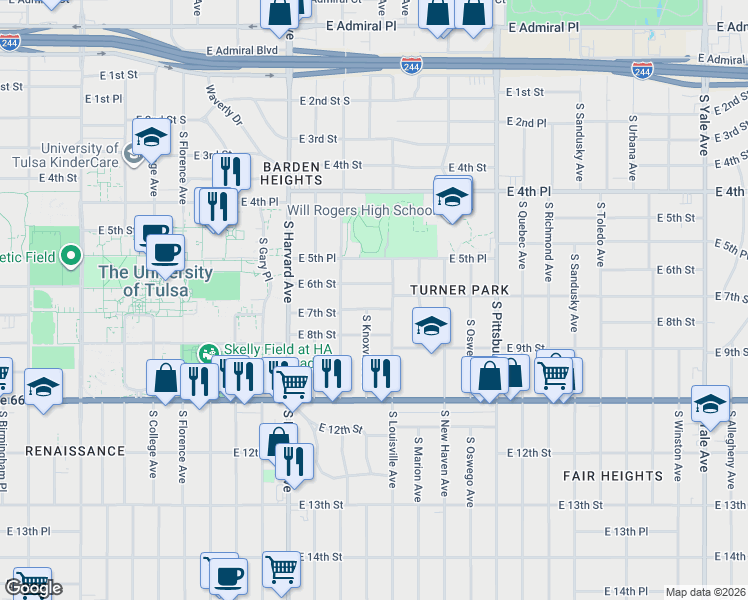map of restaurants, bars, coffee shops, grocery stores, and more near 3528 East 6th Street in Tulsa