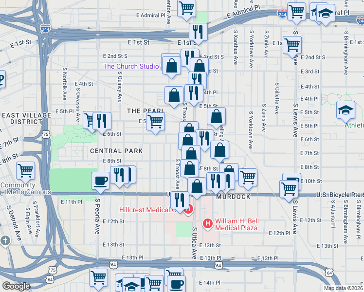 map of restaurants, bars, coffee shops, grocery stores, and more near 1623 East 7th Street in Tulsa