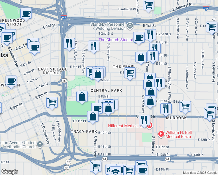 map of restaurants, bars, coffee shops, grocery stores, and more near 615 South Quincy Avenue in Tulsa