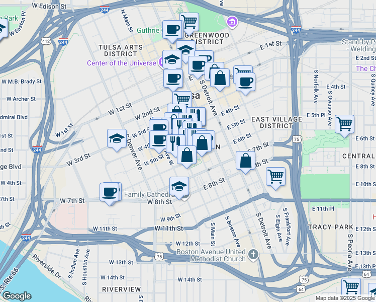 map of restaurants, bars, coffee shops, grocery stores, and more near 6 East 5th Street in Tulsa
