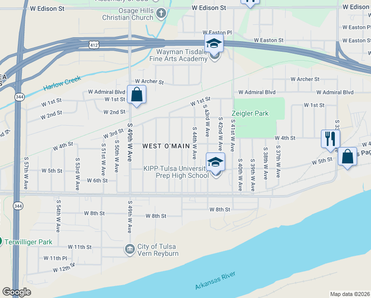 map of restaurants, bars, coffee shops, grocery stores, and more near 406 South 44th West Avenue in Tulsa