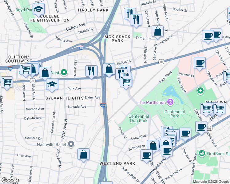 map of restaurants, bars, coffee shops, grocery stores, and more near 329 28th Avenue North in Nashville