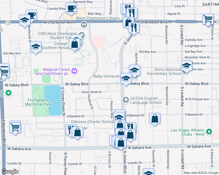 map of restaurants, bars, coffee shops, grocery stores, and more near 6161 West Oakey Boulevard in Las Vegas
