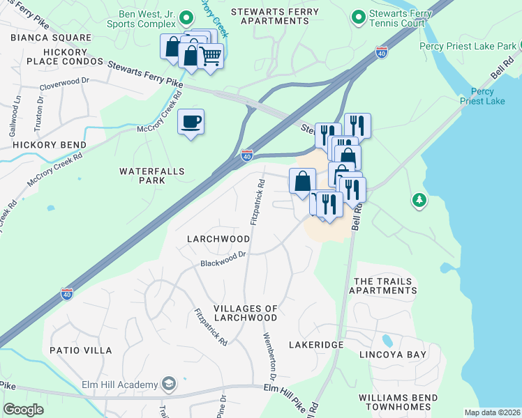map of restaurants, bars, coffee shops, grocery stores, and more near 757 Fitzpatrick Road in Nashville
