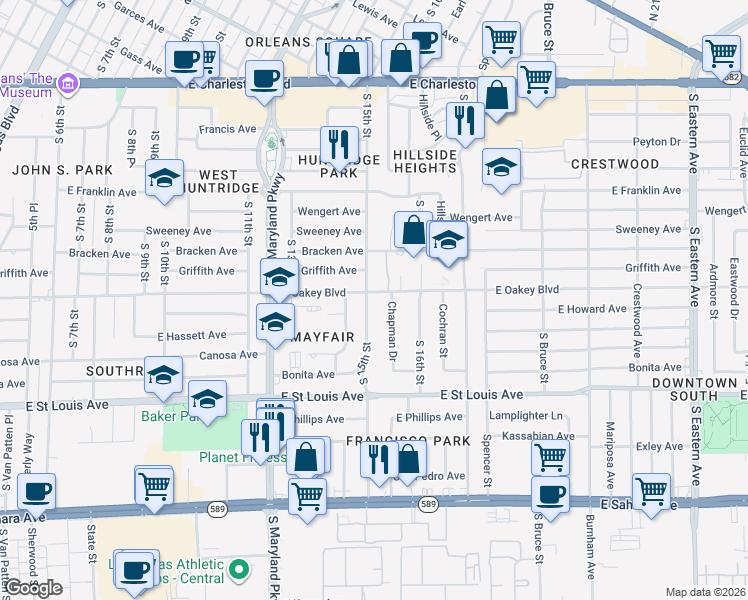 map of restaurants, bars, coffee shops, grocery stores, and more near 1701 South 15th Street in Las Vegas