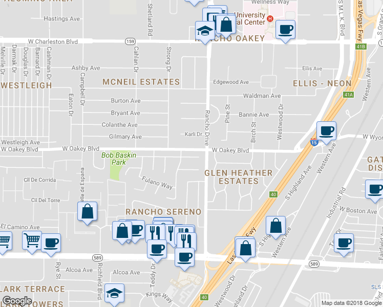 map of restaurants, bars, coffee shops, grocery stores, and more near 2400 La Solana Way in Las Vegas