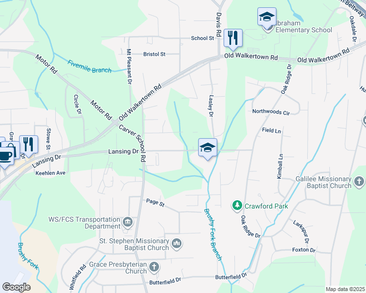 map of restaurants, bars, coffee shops, grocery stores, and more near 5075 Lansing Drive in Winston-Salem