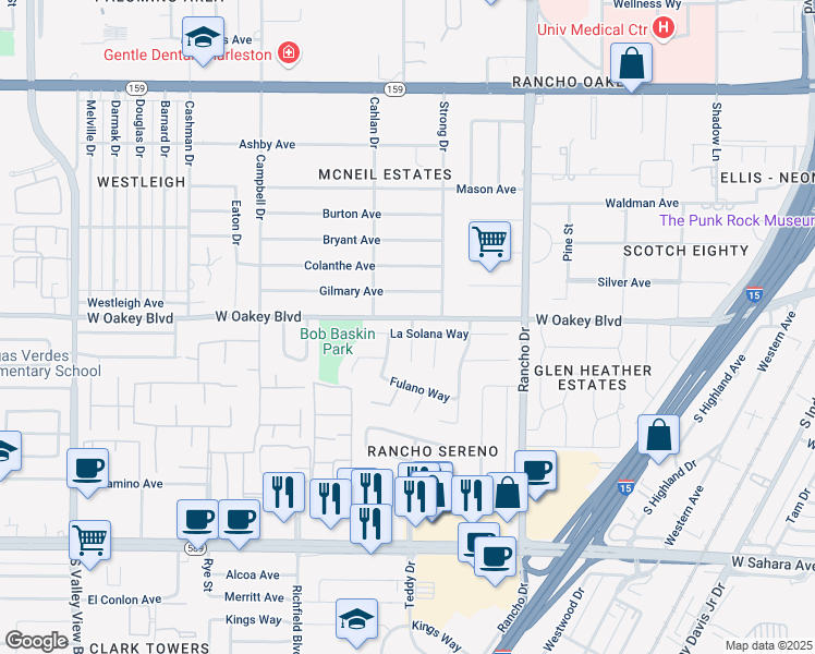 map of restaurants, bars, coffee shops, grocery stores, and more near 2700 La Solana Way in Las Vegas