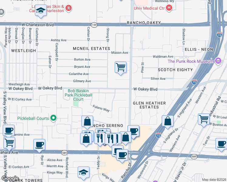 map of restaurants, bars, coffee shops, grocery stores, and more near 2508 La Solana Way in Las Vegas