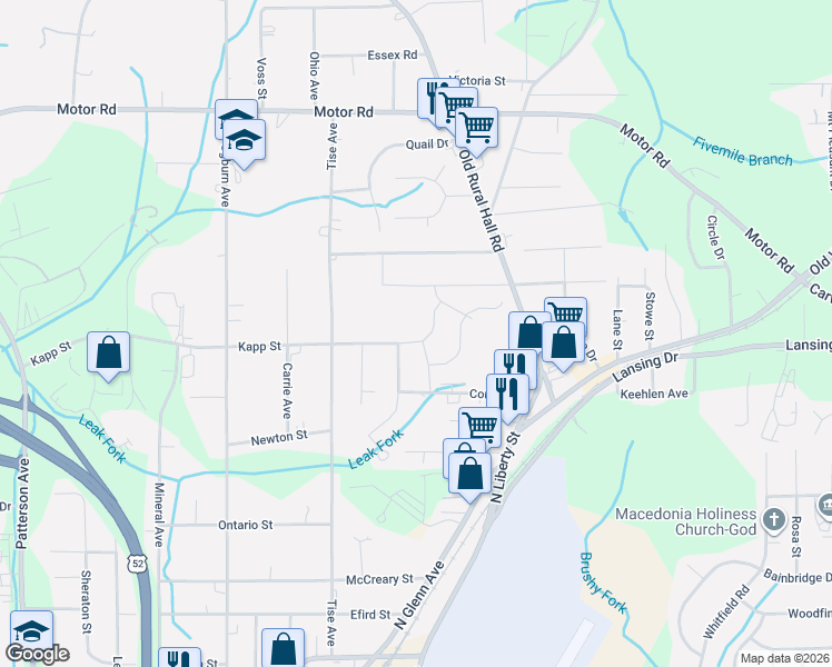 map of restaurants, bars, coffee shops, grocery stores, and more near 916 Kapp Street in Winston-Salem