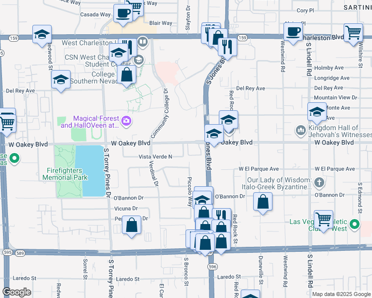 map of restaurants, bars, coffee shops, grocery stores, and more near 6161 West Oakey Boulevard in Las Vegas
