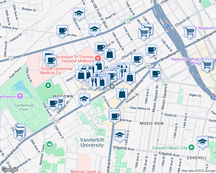 map of restaurants, bars, coffee shops, grocery stores, and more near 2006 West End Avenue in Nashville