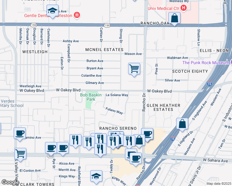 map of restaurants, bars, coffee shops, grocery stores, and more near 2604 La Solana Way in Las Vegas