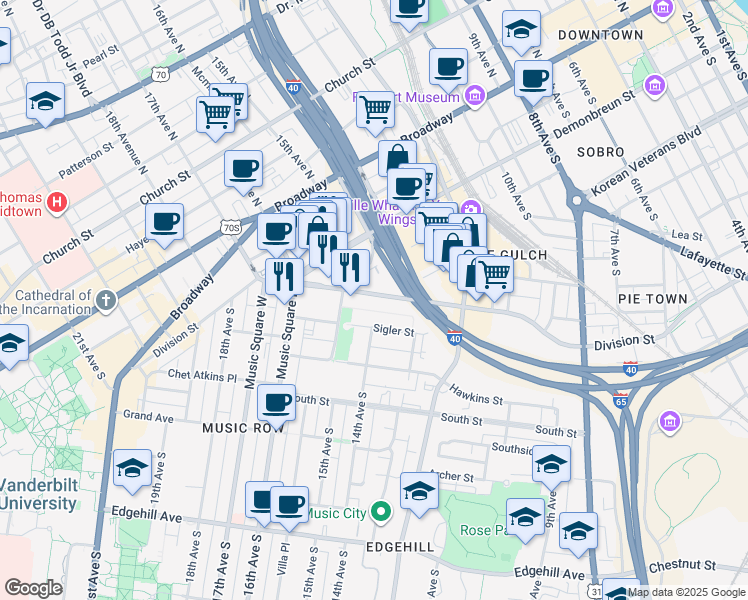 map of restaurants, bars, coffee shops, grocery stores, and more near 1221 Division Street in Nashville
