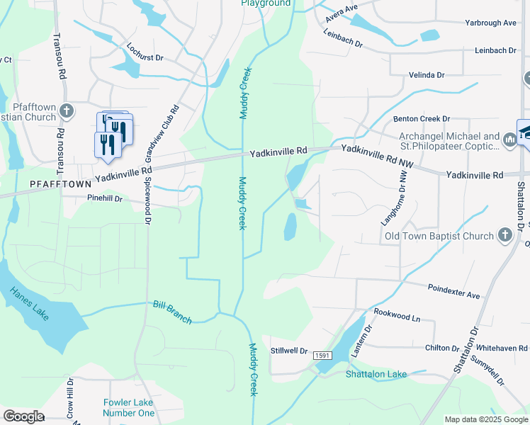 map of restaurants, bars, coffee shops, grocery stores, and more near Greenmeadow Lakes Circle in Winston-Salem