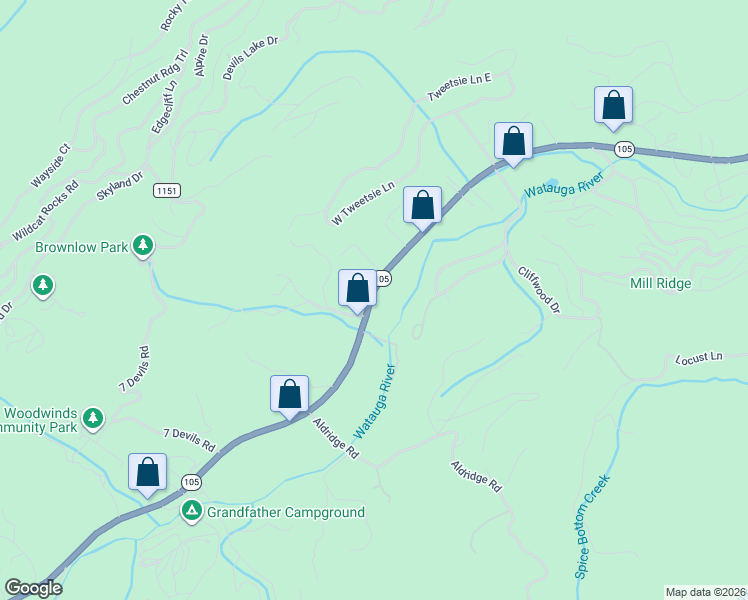 map of restaurants, bars, coffee shops, grocery stores, and more near 10216 North Carolina 105 in Banner Elk