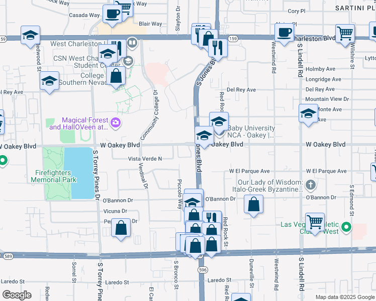 map of restaurants, bars, coffee shops, grocery stores, and more near 6153 West Oakey Boulevard in Las Vegas