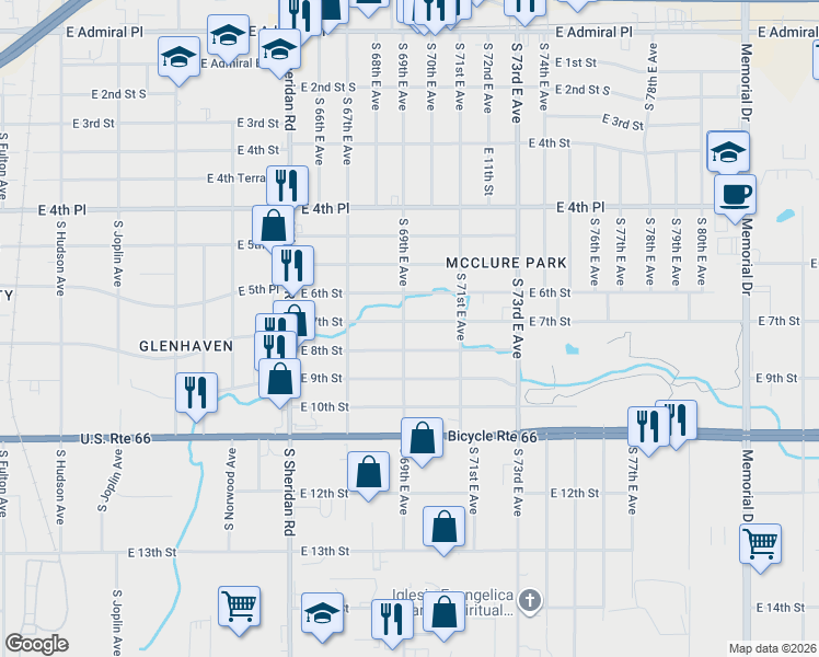 map of restaurants, bars, coffee shops, grocery stores, and more near 6904 East 7th Street in Tulsa