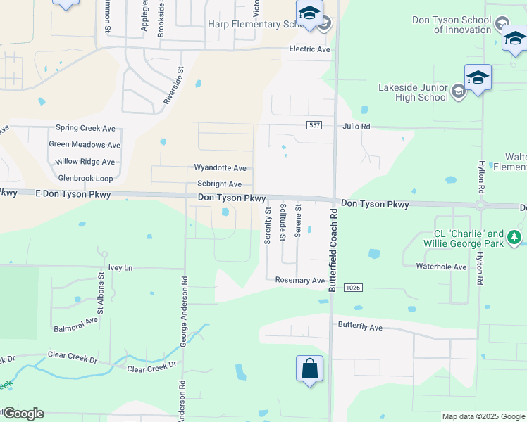 map of restaurants, bars, coffee shops, grocery stores, and more near 3676 Serenity Street in Springdale