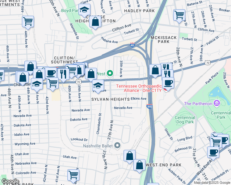 map of restaurants, bars, coffee shops, grocery stores, and more near 3517 Park Ave in Nashville