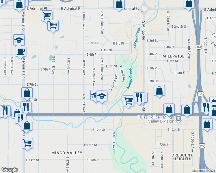 map of restaurants, bars, coffee shops, grocery stores, and more near 9120 East 7th Street in Tulsa