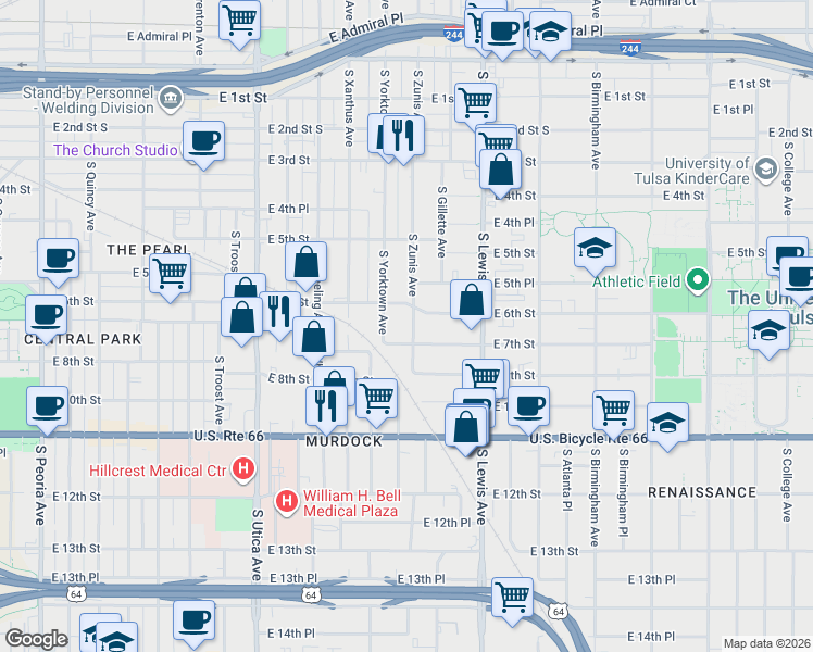 map of restaurants, bars, coffee shops, grocery stores, and more near 616 South Zunis Avenue in Tulsa