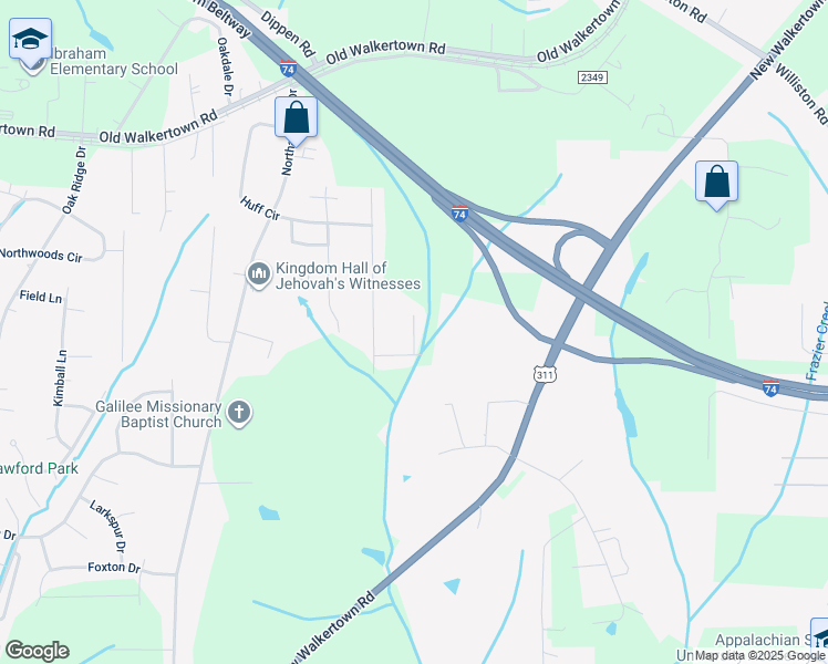 map of restaurants, bars, coffee shops, grocery stores, and more near Church Hill Road in Winston-Salem