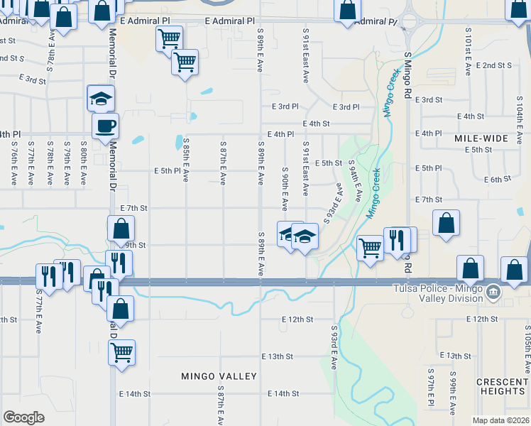 map of restaurants, bars, coffee shops, grocery stores, and more near 703 South 89th East Avenue in Tulsa