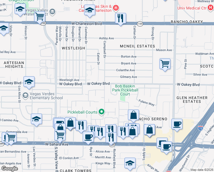 map of restaurants, bars, coffee shops, grocery stores, and more near 3101 West Oakey Boulevard in Las Vegas