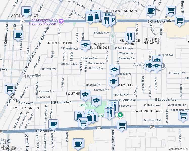 map of restaurants, bars, coffee shops, grocery stores, and more near 1030 East Oakey Boulevard in Las Vegas